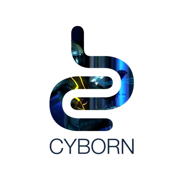 Logomarca azul da Cyborn formada por uma letra “b” minimalista cortada, com colagens de arte 3D ao fundo.